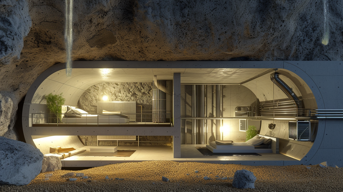 underground bunker cutaway with ventilation shafts and air filters