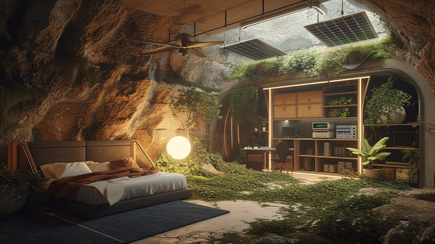 underground bunker interior with solar panels and wind turbines visible through a transparent surface above