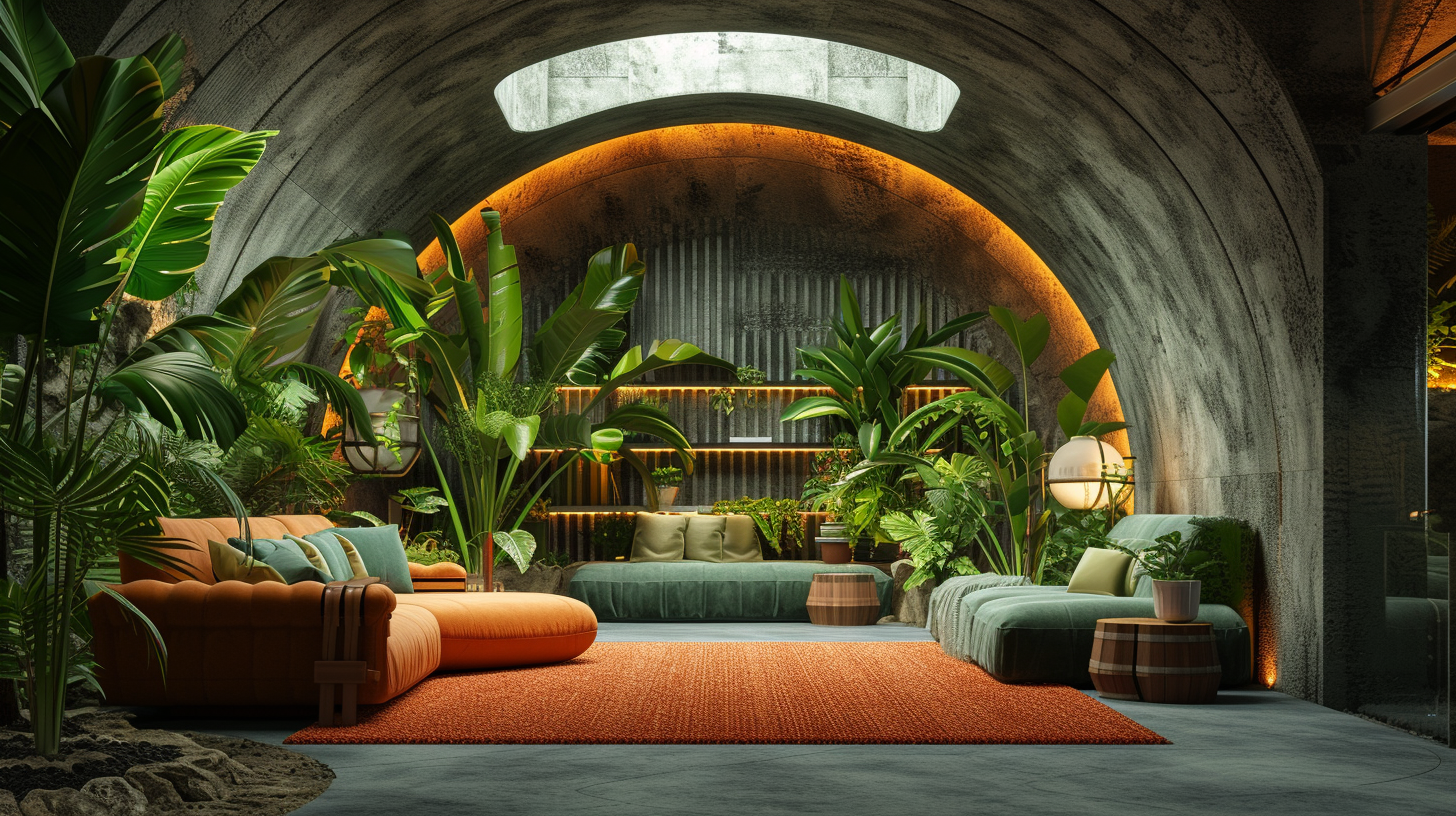 well-lit underground bunker living area, featuring plush seating, vibrant indoor plants, soft lighting