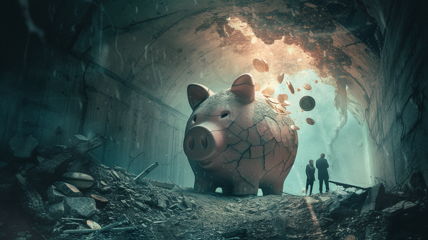 underground bunker with a 3 people in it, on top of the bunker is a a piggy bank with cracks and a few coins falling out