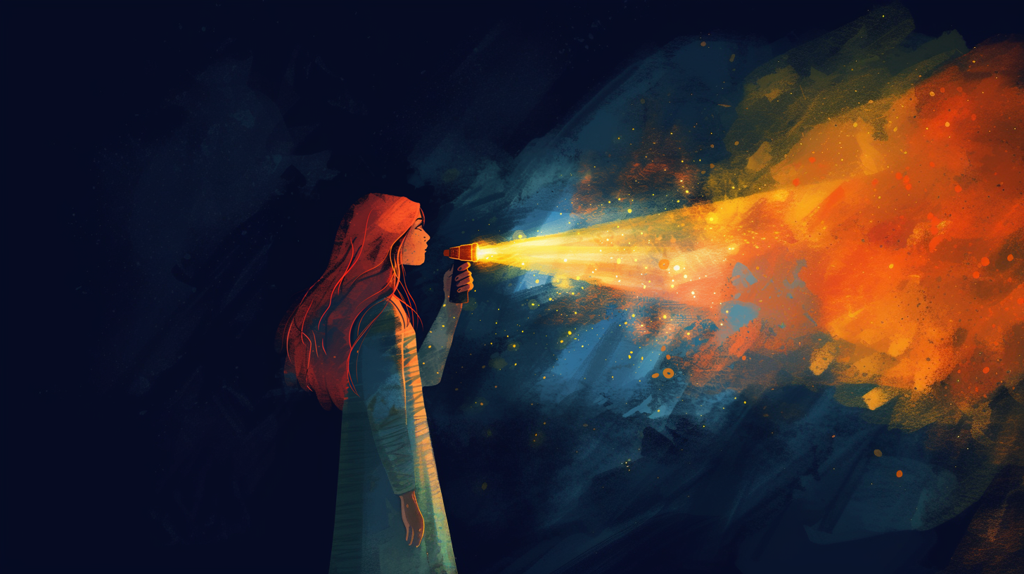 a woman holding a flashlight, the flashlight beam is long and bright
