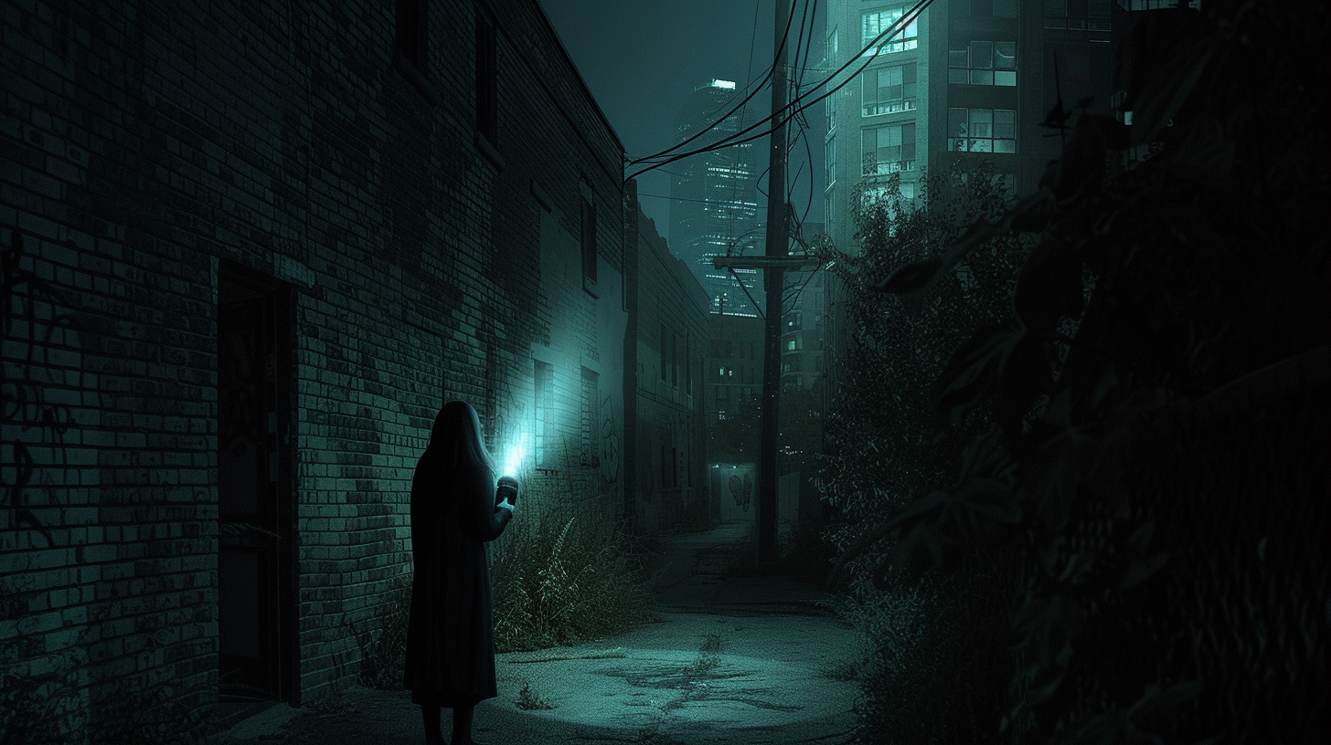 nighttime urban scene with a woman holdiing a flashlight that is illuminating a alleyway with a short-range beam of light