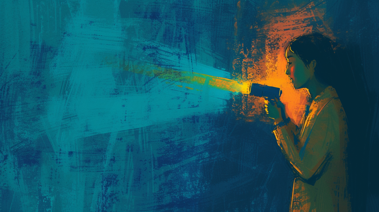 woman holding a flashlight, the flashlight beam is dim and not very bright