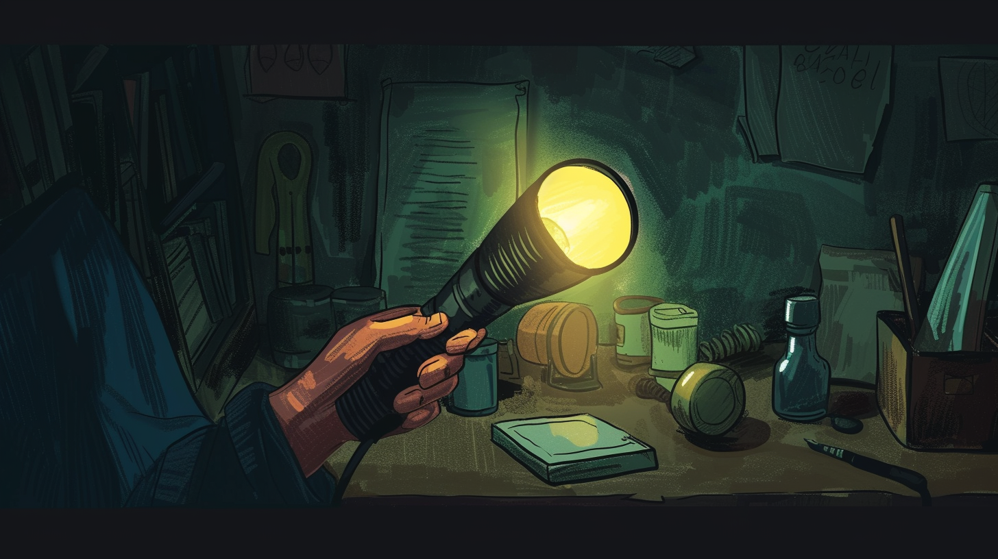 flashlight being held, surrounded by dimly lit objects, in a dark, blackout setting