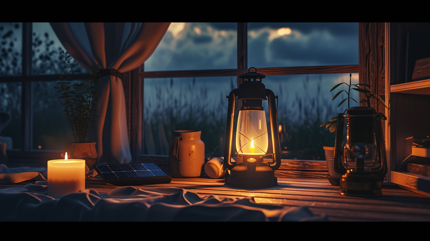 various alternative lighting solutions, including a solar-powered lantern, a hand-crank flashlight, and a candle