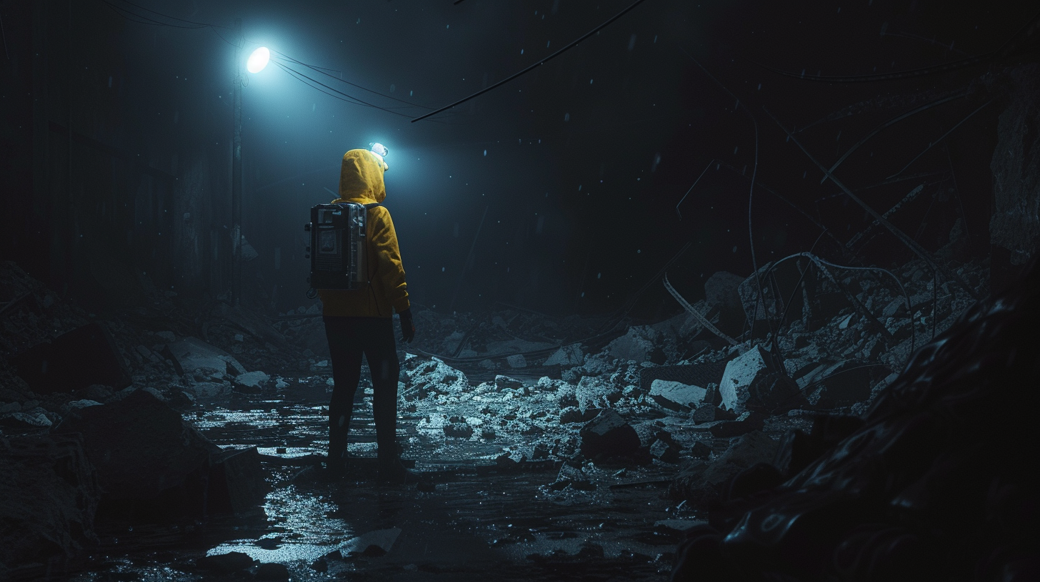 a person wearing a headlamp navigating through a dark, debris-laden path at night, with clear focus and light illuminating obstacles on the ground