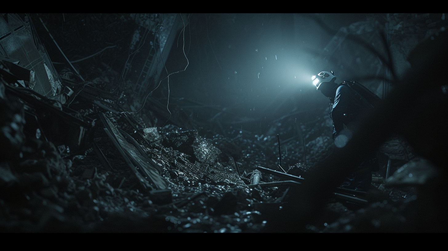 night-time rescue scene in a disaster-struck area, highlighting a figure wearing a headlamp navigating through debris, with essential PPE visible, focusing the beam on a path forward