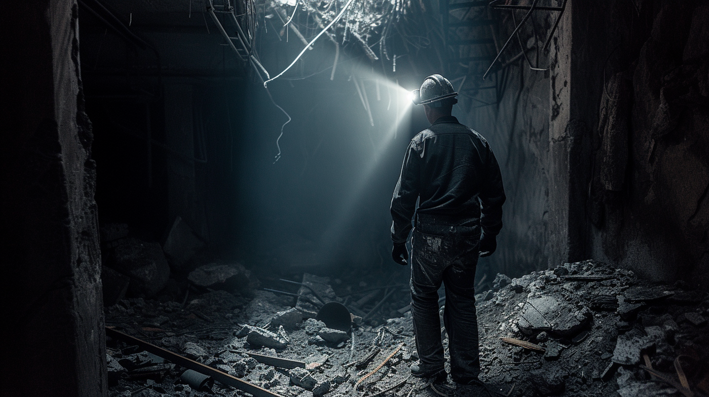 worker wearing a headlamp, navigating through a dark, debris-filled environment, highlighting the headlamp's beam focusing on a clear, safe path forward
