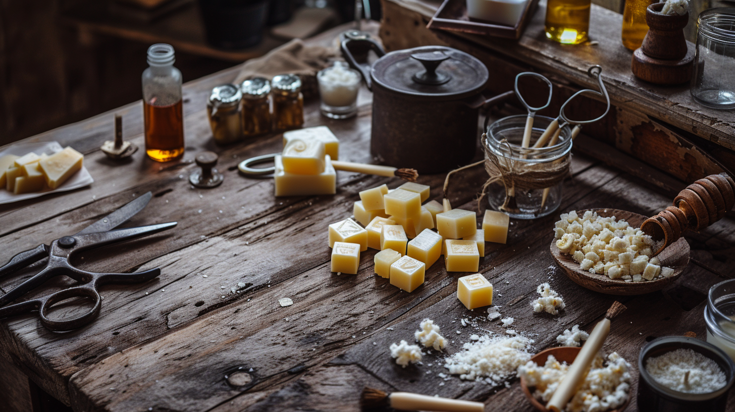 a rustic wooden table laden with candle-making supplies- beeswax blocks, soy wax flakes, cotton wicks, essential oils, melting pot, glass jars, and a vintage pair of scissors