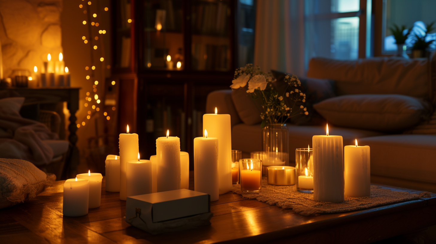 a variety of candles (pillar, tea lights, tapers) arranged in a semi-circle, with a matchbox to the side
