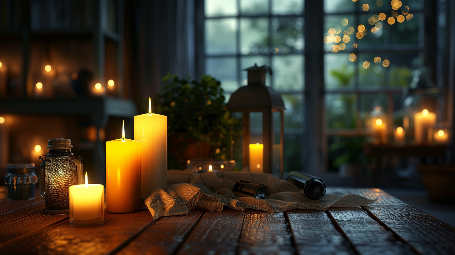 image depicting a stormy night scene inside a home, showing various candles illuminating a room, alongside flashlights and lanterns