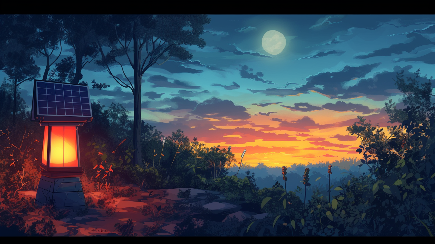 a solar lantern glowing brightly on one side, with solar panels visible