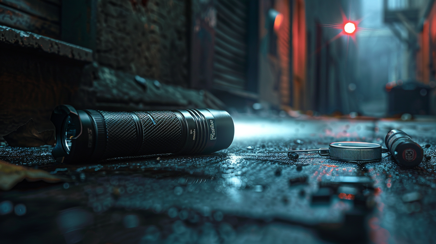 rugged tactical flashlight on the ground shining a beem by other survival tools