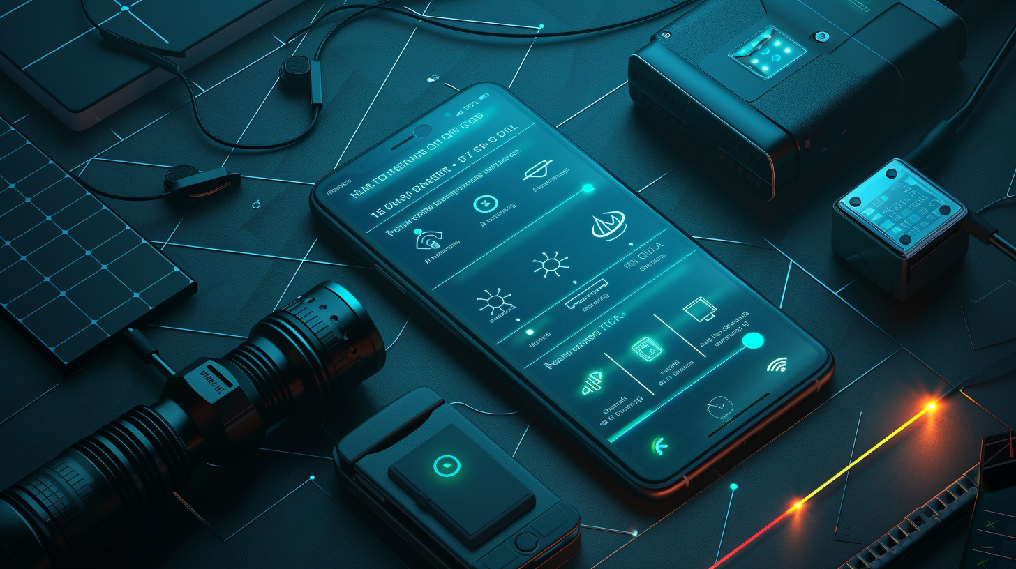 dimly lit smartphone screen displaying minimal icons, surrounded by a flashlight, a solar panel, and a power bank, all connected by faint energy lines