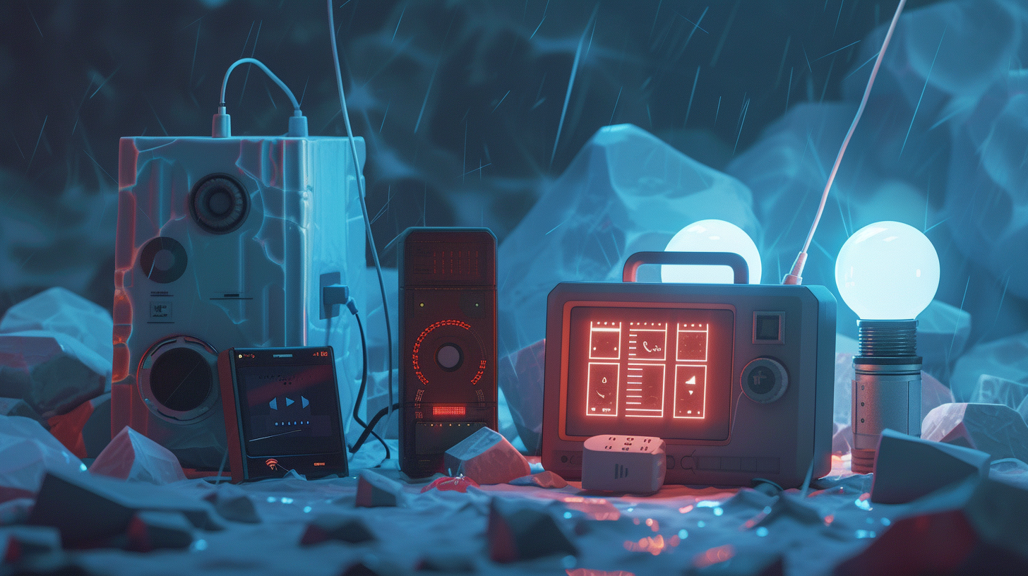 smartphone, flashlight, and portable radio with visible battery level indicators, surrounded by energy-consuming elements like cold temperatures, Wi-Fi, and GPS symbols, all dimly lit
