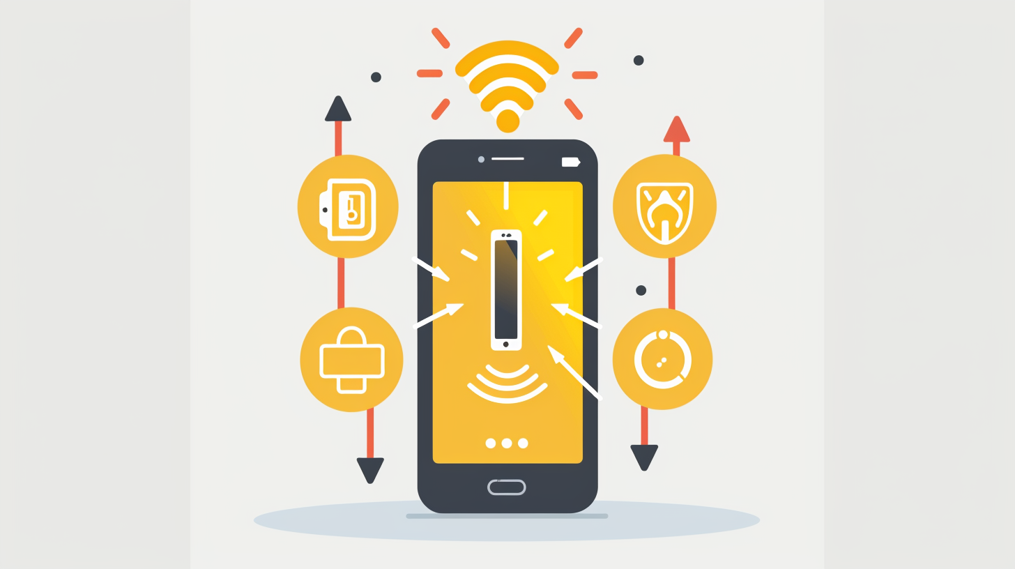 smartphone screen displaying icons for WiFi, Bluetooth, and GPS, with a large battery symbol above at full capacity, and arrows from each icon