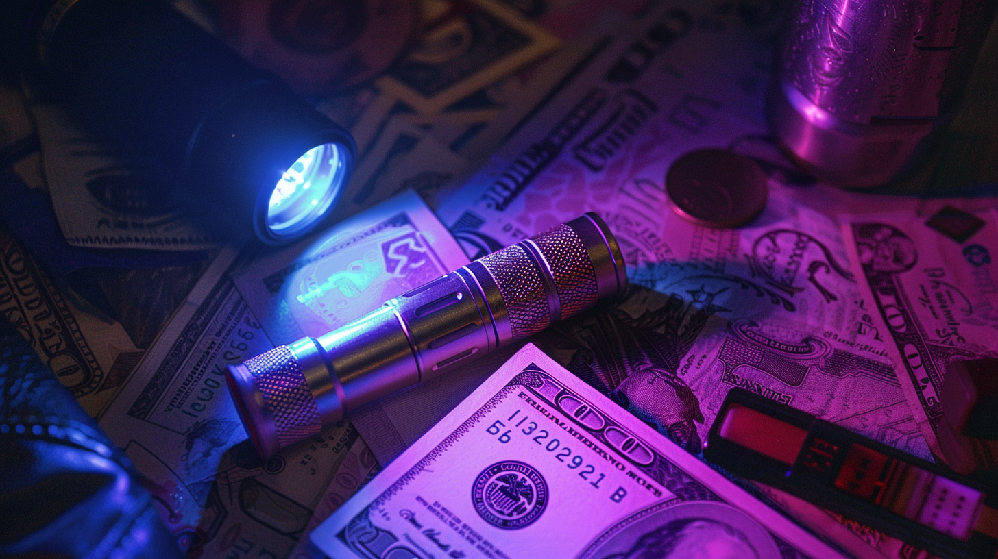 UV flashlight held over various documents like passports and currency, illuminating security features