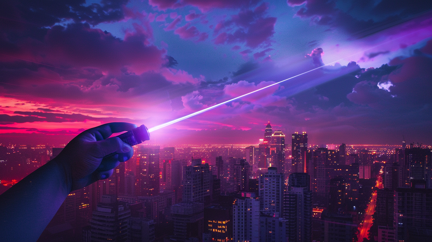 hand holding an ultraviolet flashlight towards the night sky from a city rooftop, with the UV light beam visible, signaling SOS in Morse code pattern