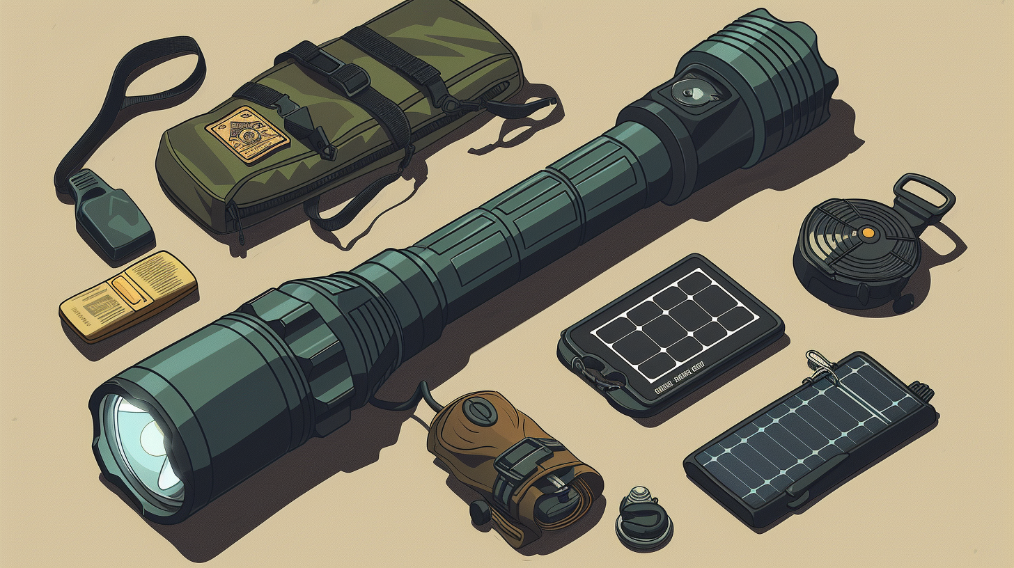 rugged, water-resistant flashlight with adjustable focus beam, solar panel, hand crank on the side, and a clip for attaching to a belt, all against a backdrop of an emergency survival kit