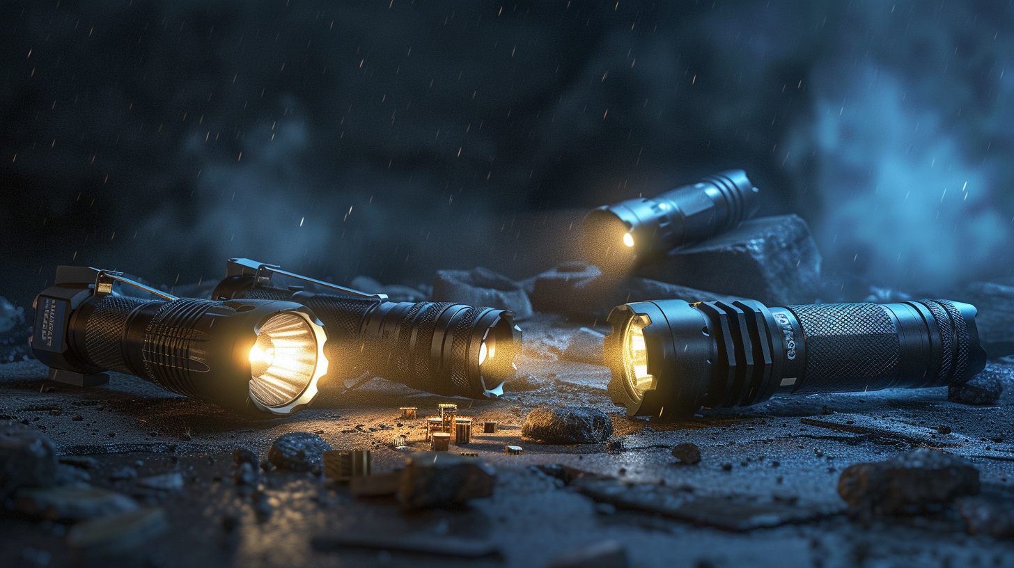 various flashlights emitting beams of different intensities against a dark, earthquake-ravaged background