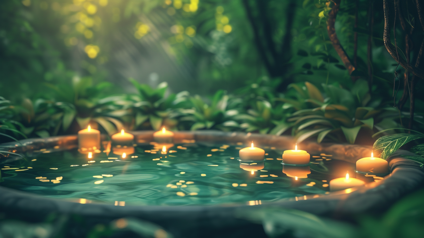 outdoor bathtub surrounded by lush greenery, with several waterproof candles floating on the water surface