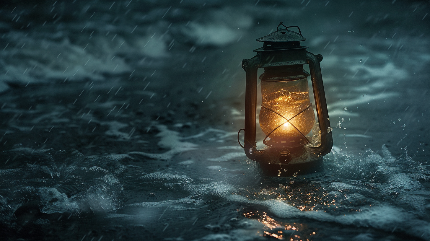 durable lantern with a waterproof seal and a wind-resistant structure, illuminated under torrential rain and harsh winds