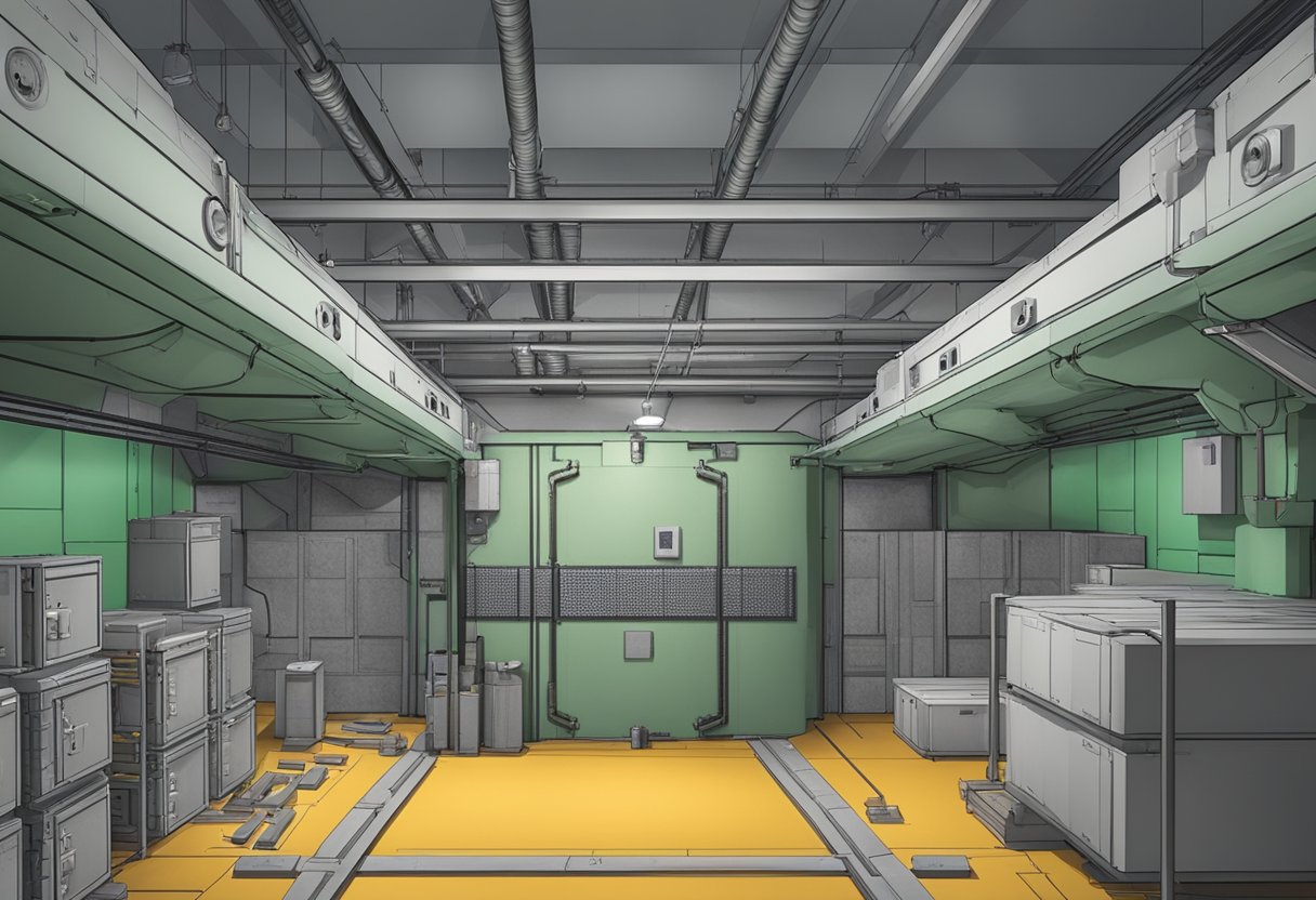 An underground bunker with reinforced walls and support beams, surrounded by seismic sensors and emergency supplies