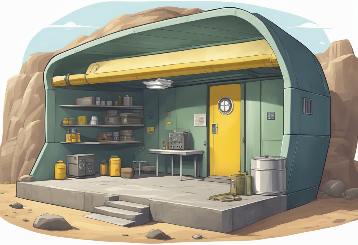 A fallout shelter, equipped with supplies, serves as protection from nuclear fallout during a historical context of Cold War tensions