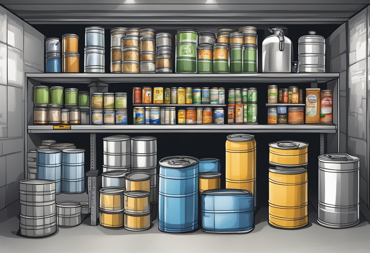 A stockpile of canned goods, water jugs, medical supplies, and emergency gear organized in a secure underground space