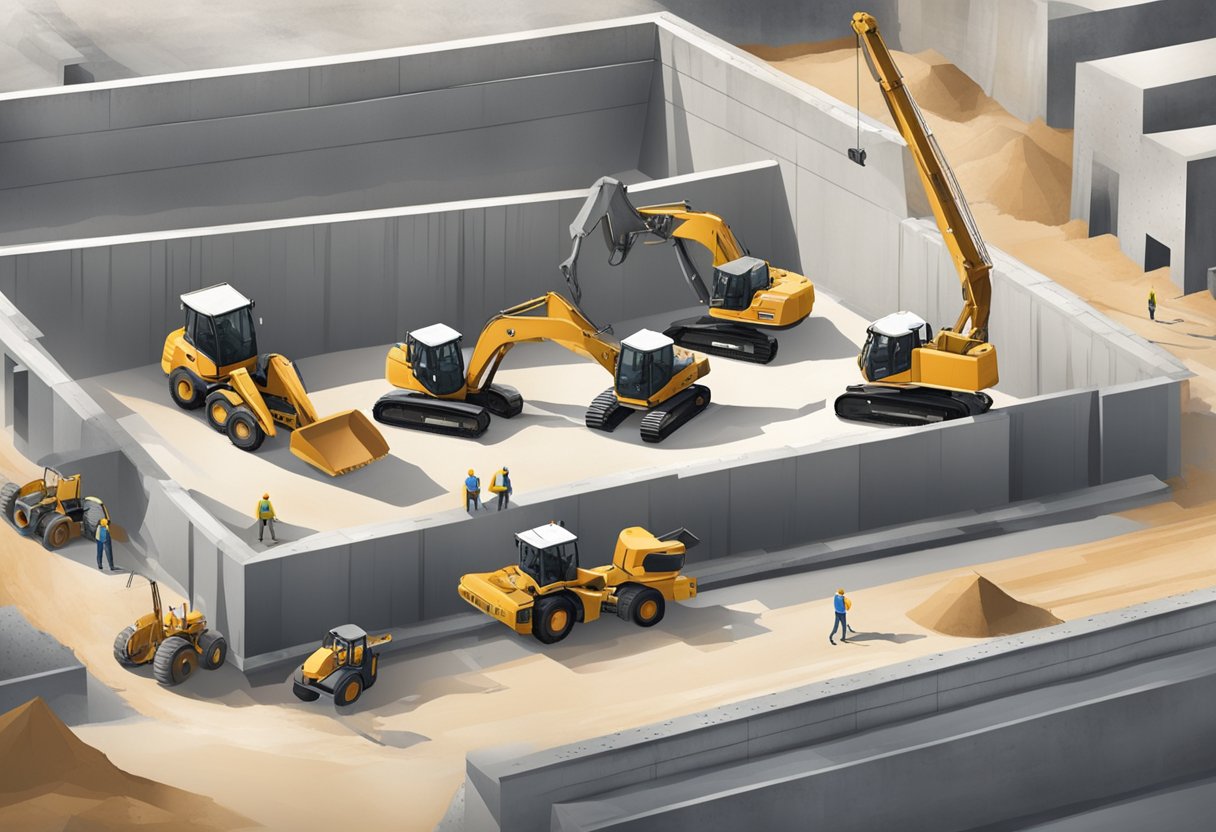 Concrete bunkers being designed and constructed on a construction site. Heavy machinery and workers are busy pouring and shaping the concrete structures