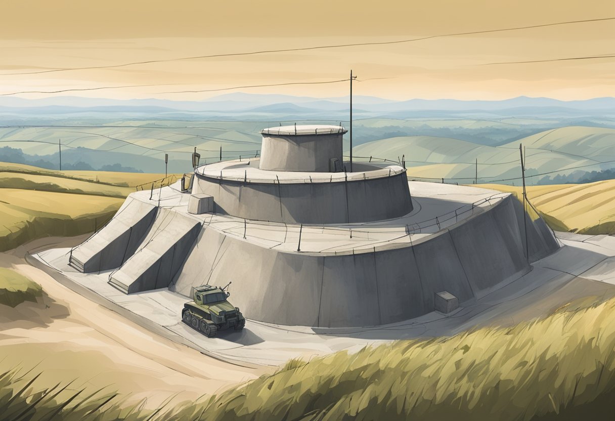 Concrete bunkers strategically placed on a hill, overlooking a vast landscape. Sandbags and barbed wire surround the sturdy structures