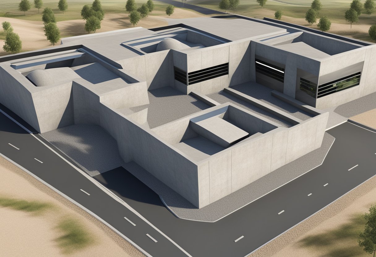 Concrete bunkers stand tall, surrounded by cutting-edge technology. The sleek, modern design of the equipment contrasts with the sturdy, industrial look of the bunkers