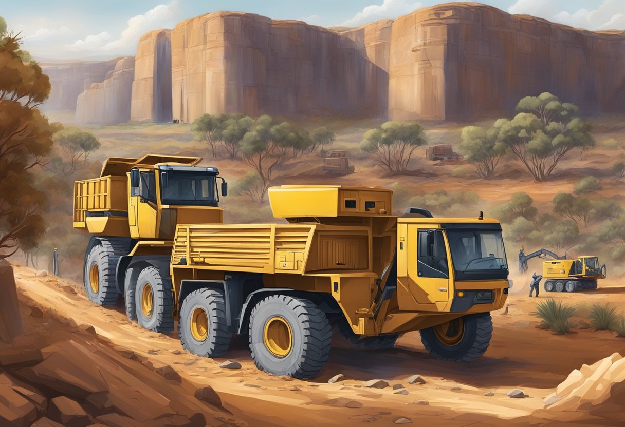 A rugged Australian landscape with a sturdy, underground survival bunker being constructed. Heavy machinery and skilled workers are busy at work, surrounded by the harsh beauty of the outback