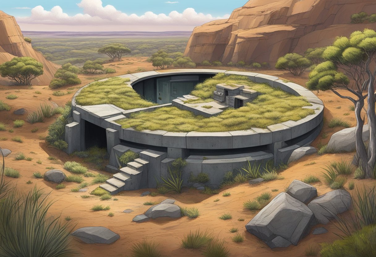 A rugged landscape with a cluster of underground survival bunkers nestled into the earth, surrounded by native Australian flora and fauna
