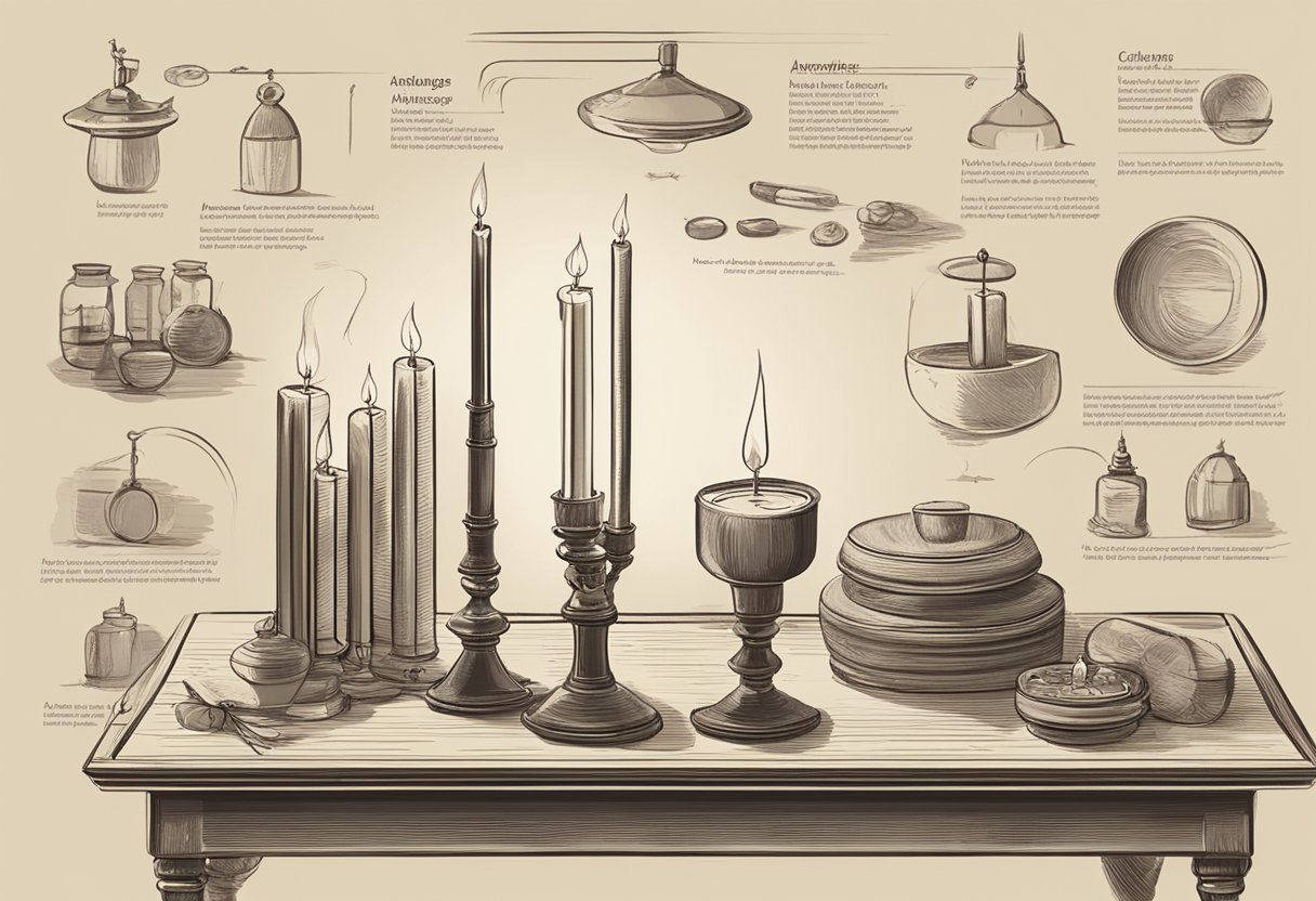 A table with a lit paraffin candle surrounded by various objects. Advantages and disadvantages listed on a nearby chart