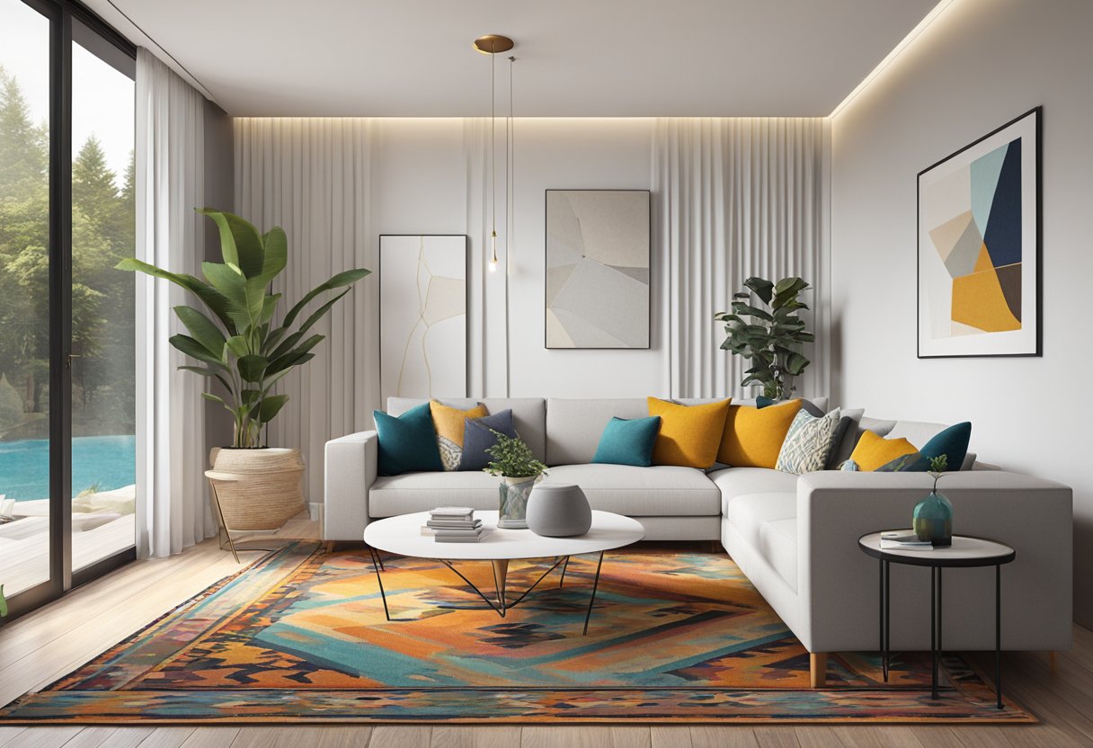 A modern living room with a vibrant kilim rug as the focal point, surrounded by sleek furniture and minimalist decor