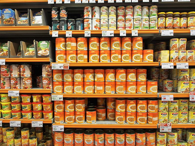 Canned food in the grocery aisles