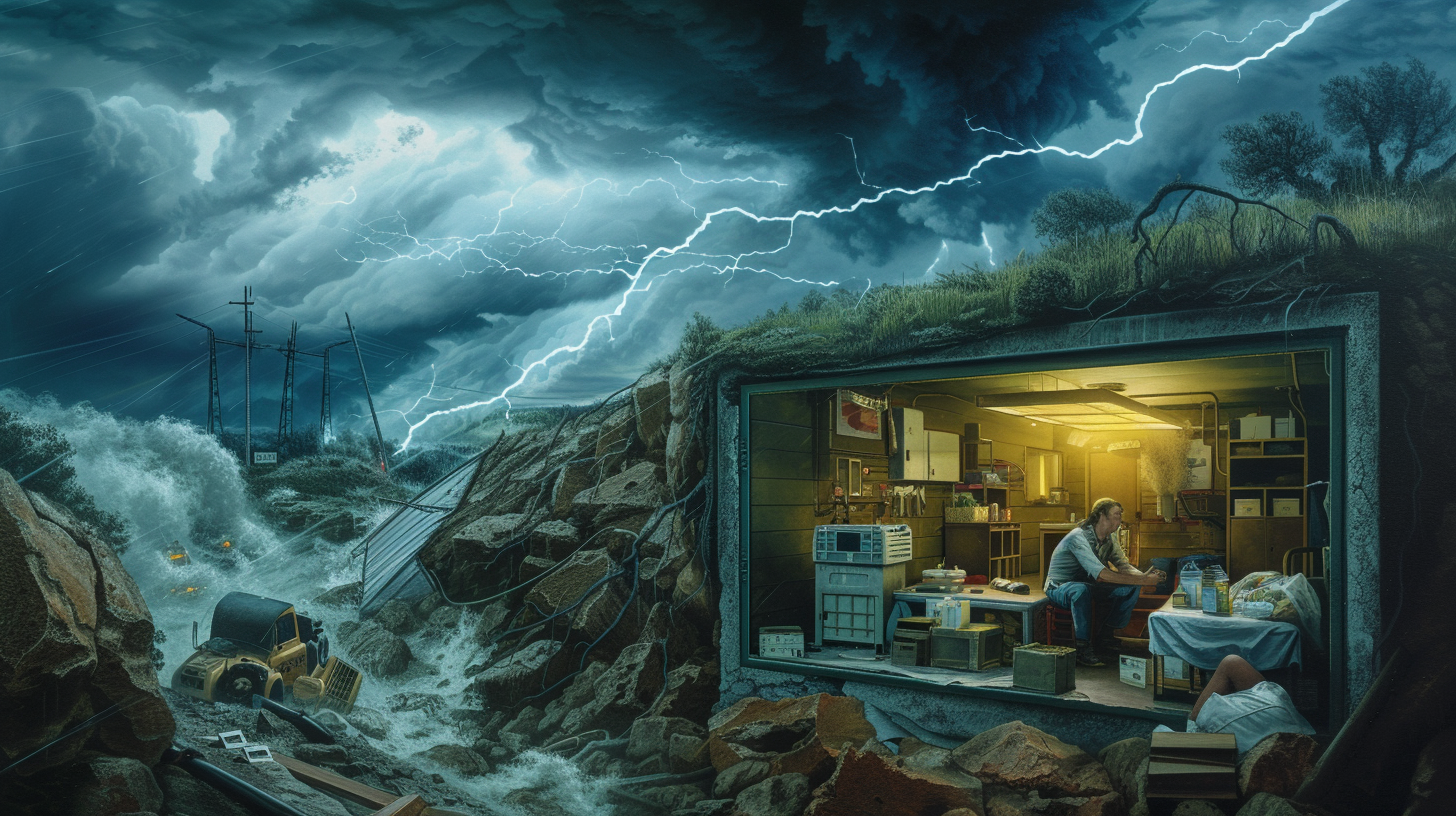 safely inside a pre-built under ground bunker, with visible comforts and supplies, a stormy, chaotic scene is taking place above ground