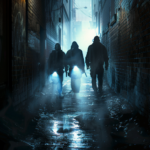 3 men in a dimly lit urban allety with their flashlights shining on their path