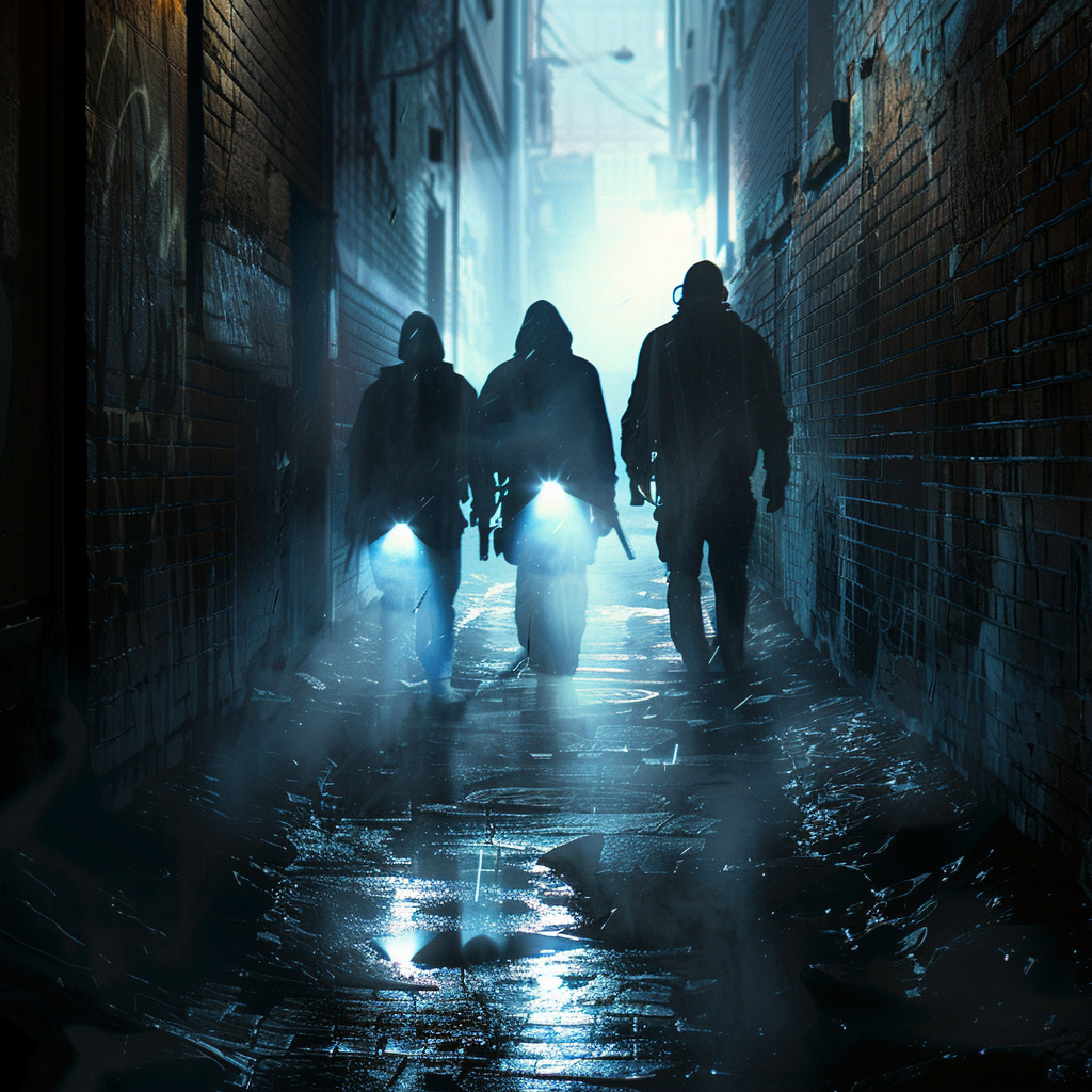 3 men in a dimly lit urban allety with their flashlights shining on their path
