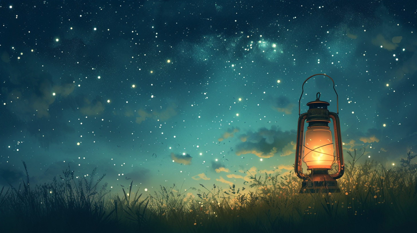 a glowing lantern under a starry sky