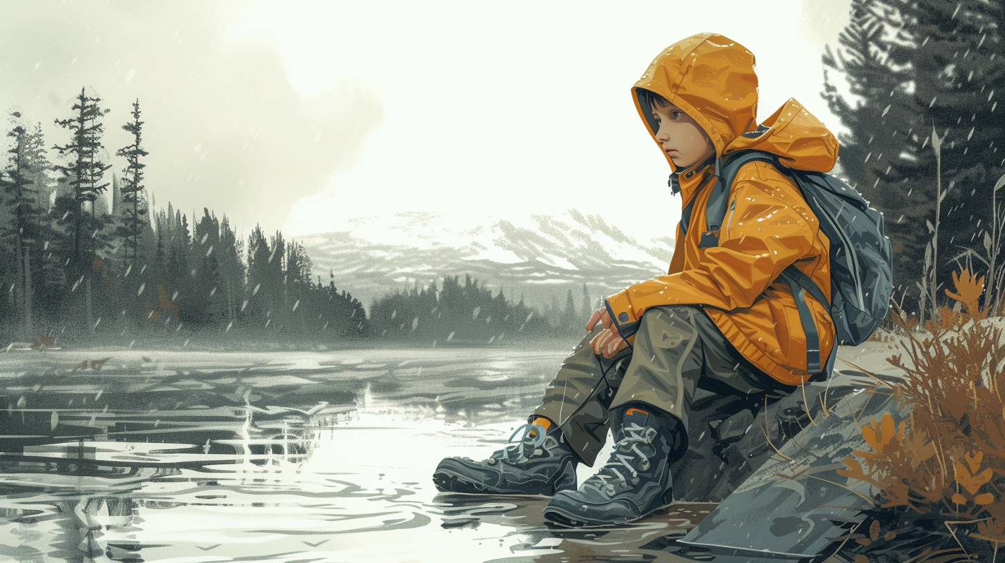 a child in rugged, all-weather survival gear, including waterproof boots, tear-resistant pants, and a durable jacket, surrounded by a wilderness