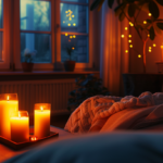 a cozy, dimly lit room during a power outage, with a few candles strategically placed