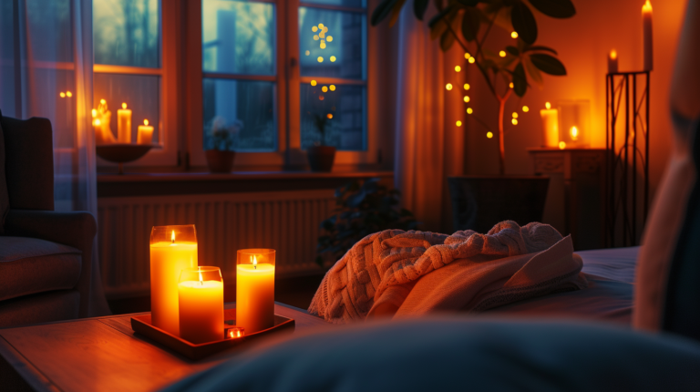 a cozy, dimly lit room during a power outage, with a few candles strategically placed
