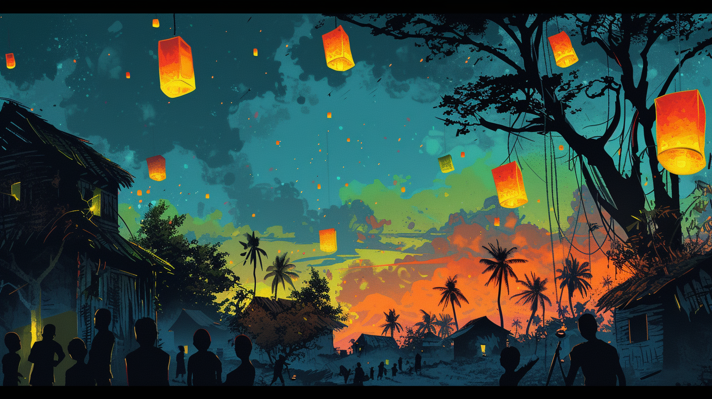 a diverse group of people, gathered at dusk in a village ravaged by disaster, hanging a few colorful, glowing lanterns on trees and houses