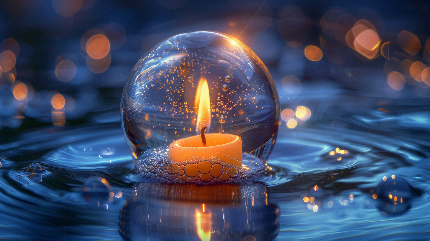 a lit candle inside a transparent bubble, submerged in water, with tiny bubbles escaping from the candle's wick