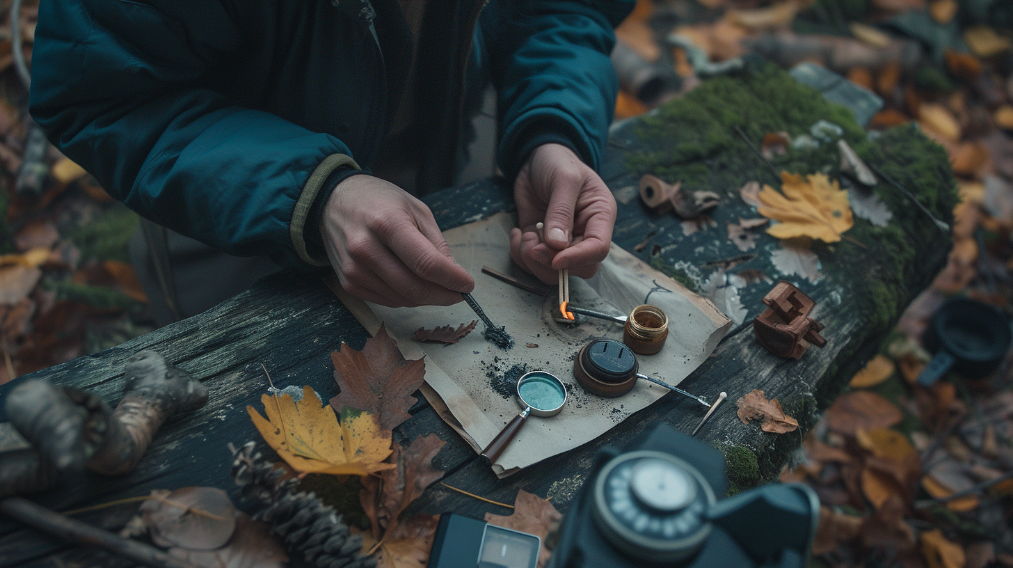 a person demonstrating various fire-starting techniques in a wilderness setting, surrounded by a flint striker, matches, a magnifying glass