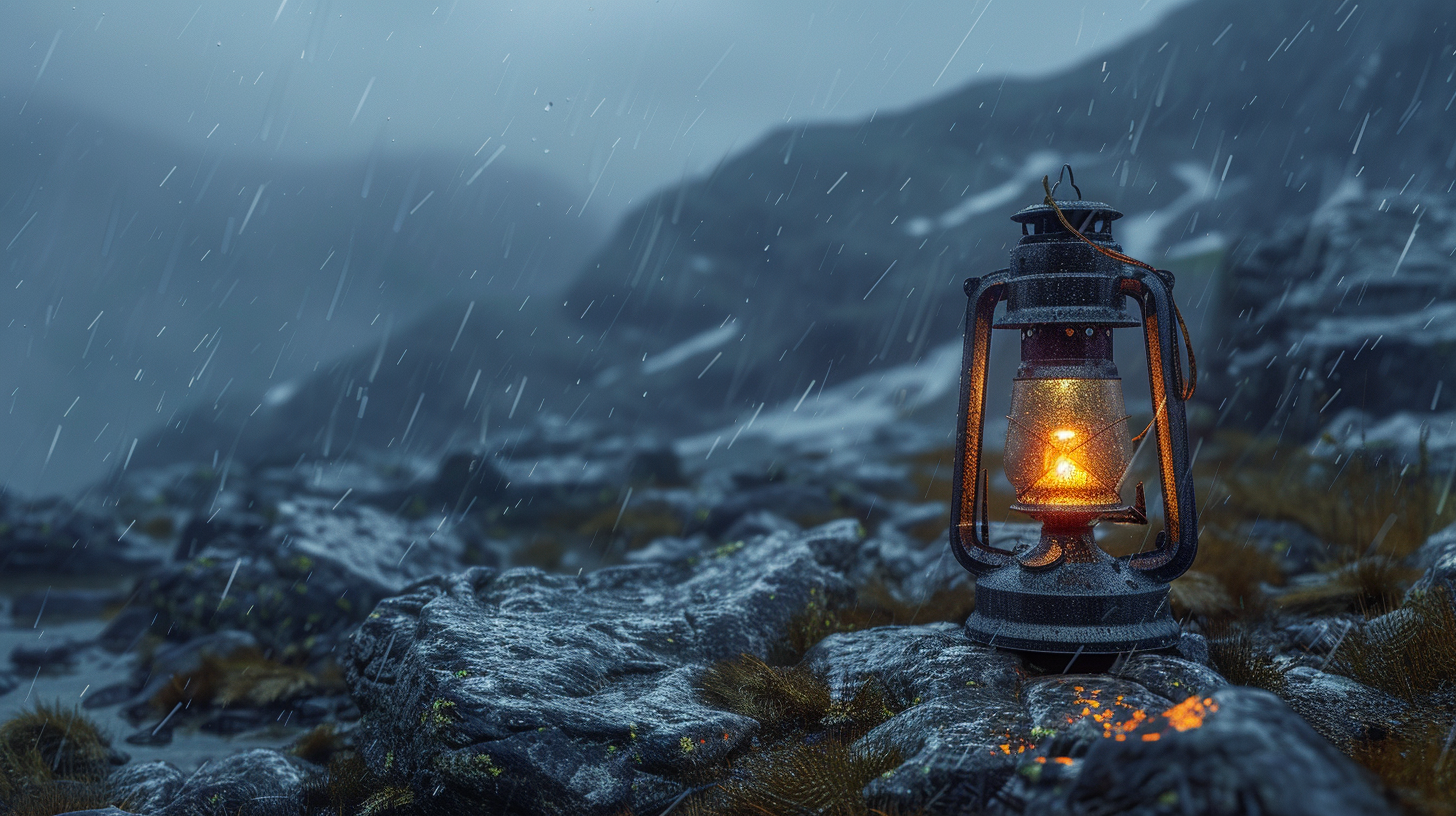 a rugged, durable lantern withstanding heavy rain and strong winds on a rocky, mountainous terrain, highlighting its resilience and reliability