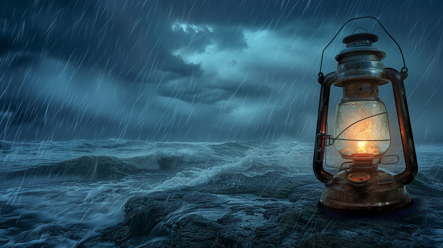 a rugged lantern with a durable, water-repelling surface, illuminated under a stormy sky. It stands firm against strong winds on a rocky terrain, showcasing resilience in harsh weather conditions