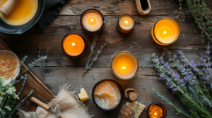 a rustic tabletop with homemade candles of various sizes, a melting pot filled with wax, natural ingredients like beeswax, herbs, essential oils